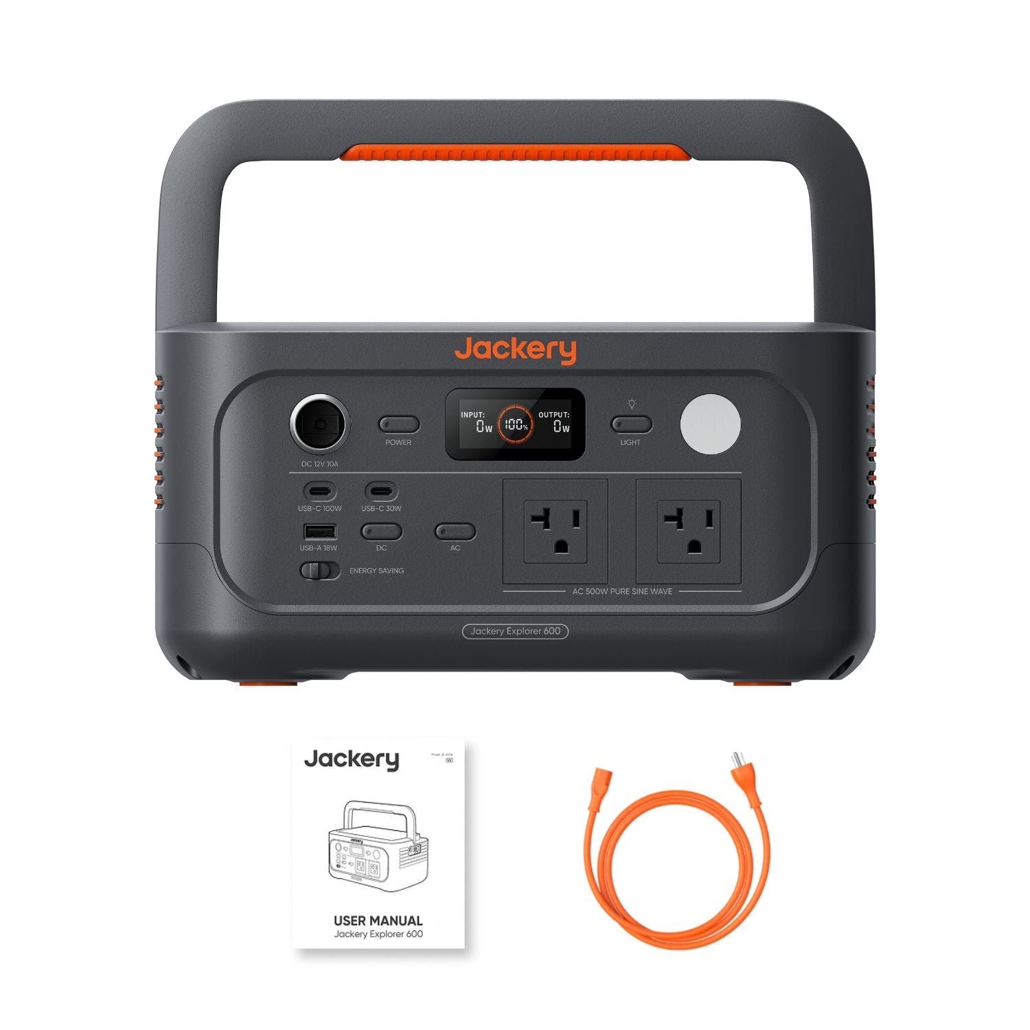 Jackery_Explorer_600_v2_with_accessories_and_manual_on_a_white_background