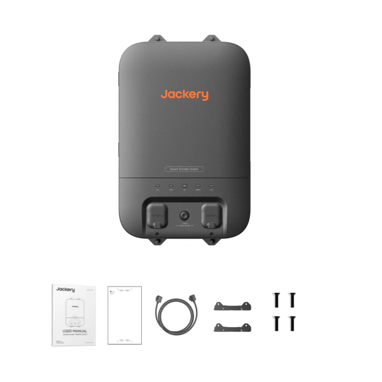 Jackery_Smart_Transfer_Switch_with_packaging_cable_and_connectors_on_a_white_background